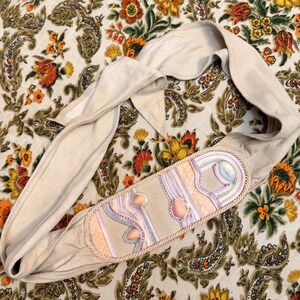 Heaven Vintage Cream Leather Sash Belt Pink Cabochon Rhinestone Mixed Media Wrap
